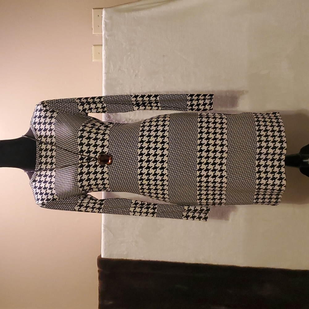 Michael Kors Blue & Off White Houndstooth & Diagonal Line Dress Sz M